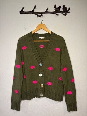 Lisa Todd Sugar Lips cotton blend cardigan sweater olive green and hot pink M